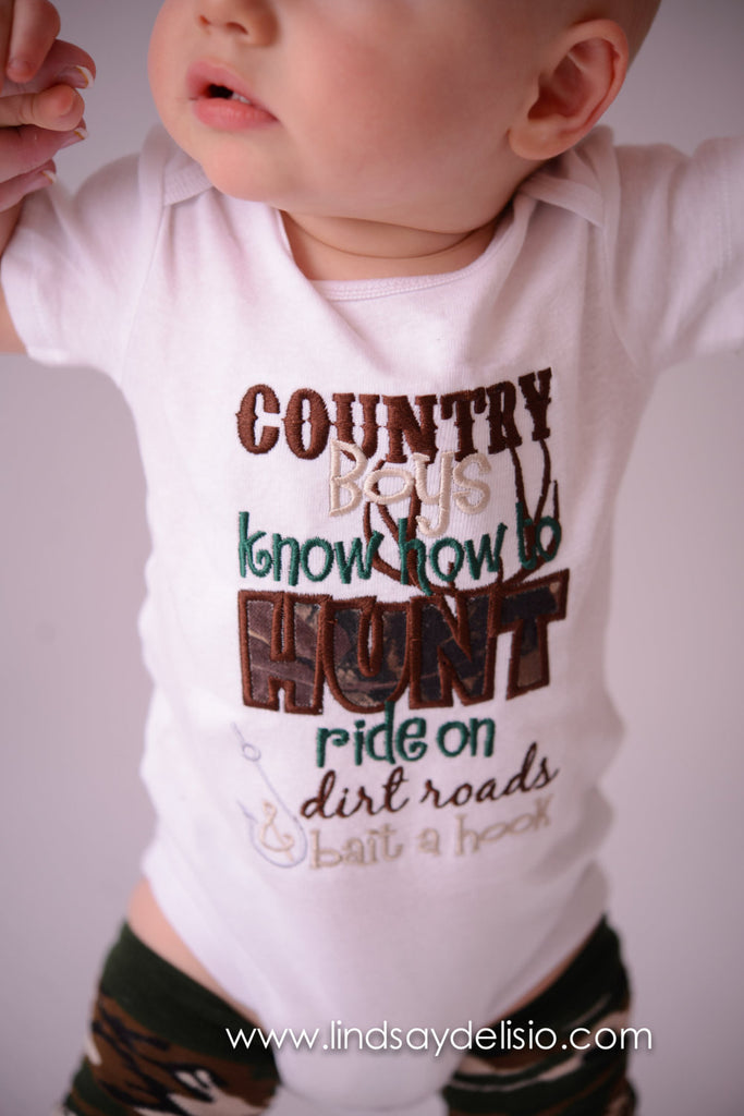 Boys Hunting shirt -- Country boys know how to hunt ride on dirt roads & bait a hook bodysuit or shirt.  Can customize colors and wording - Pretty's Bowtique