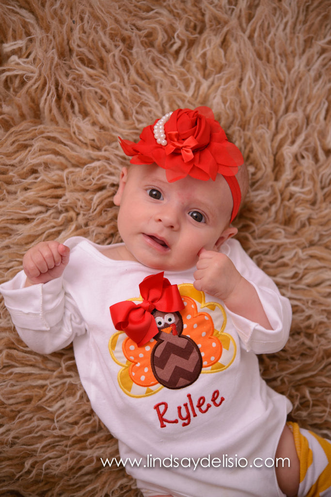 Thanksgiving Outfit Baby Girl – Turkey Embroidered Bodysuit, Headband & Pilka Dot Legwarmers Set Personalized with Name - Pretty's Bowtique