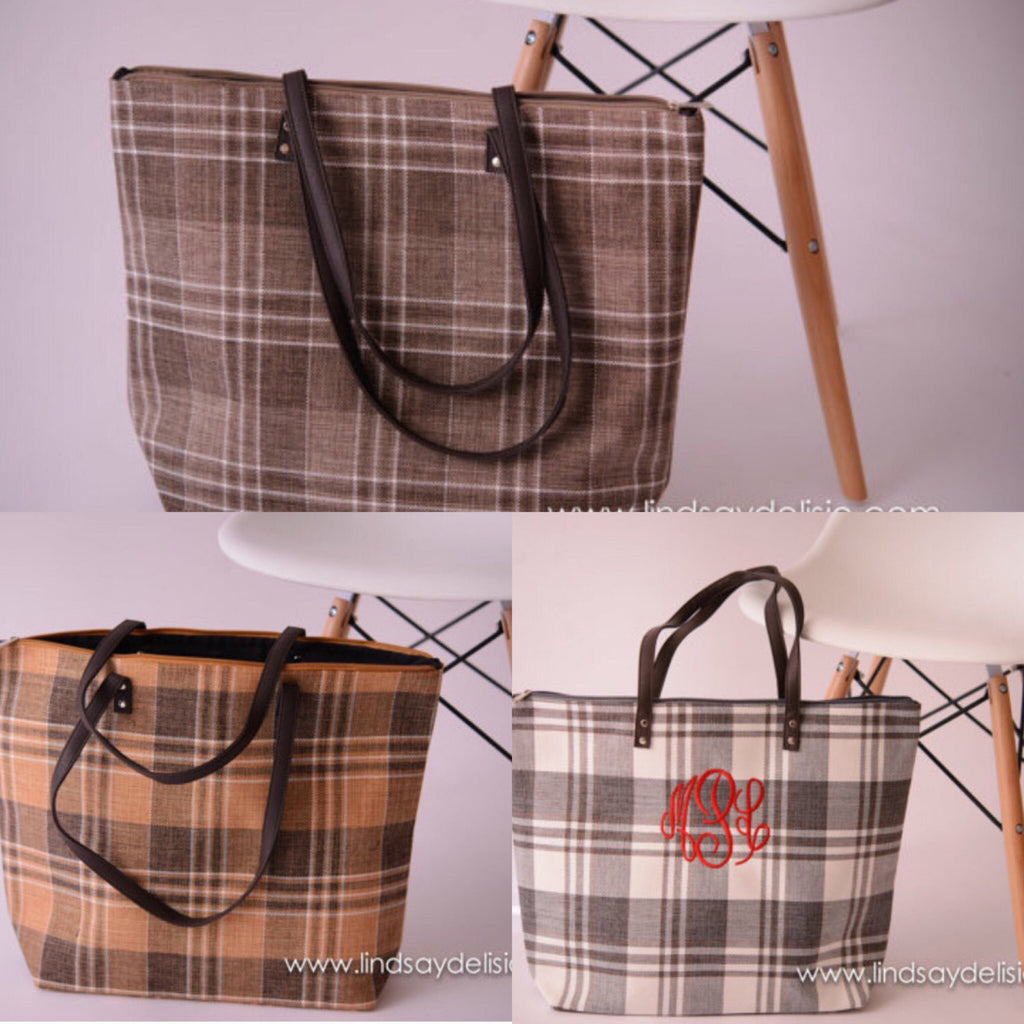 Plaid Purse for Fall -- Monogrammed Bag with Faux Leather Handles - Pretty's Bowtique
