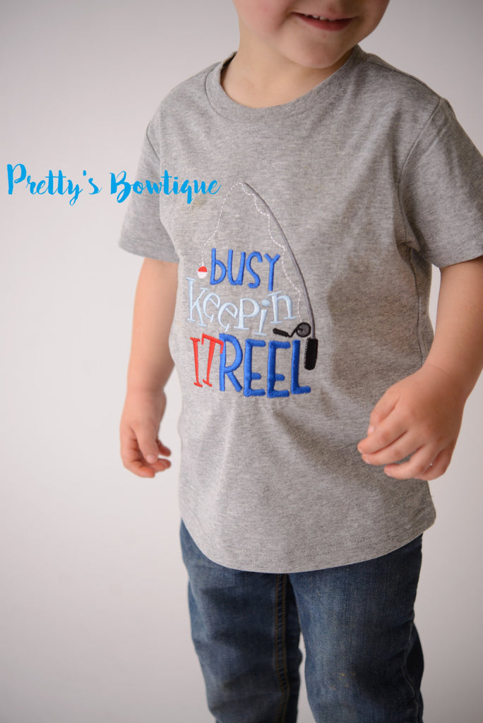 Busy keepin it reel bodysuit or shirt boy -- Embroidered fishing shirt -- Boys Fishing shirt -- Boys summer shirt--kids fishing shirt - Pretty's Bowtique