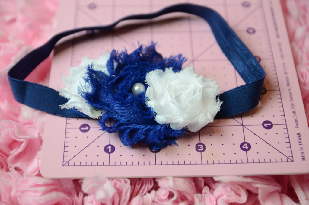 Shabby rose triple navy & white with a navy elastic headband - Pretty's Bowtique