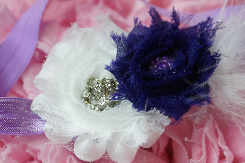 Shabby Rose Purple & White Headband with a crown rhinestone embellishment on a purple headband. - Pretty's Bowtique