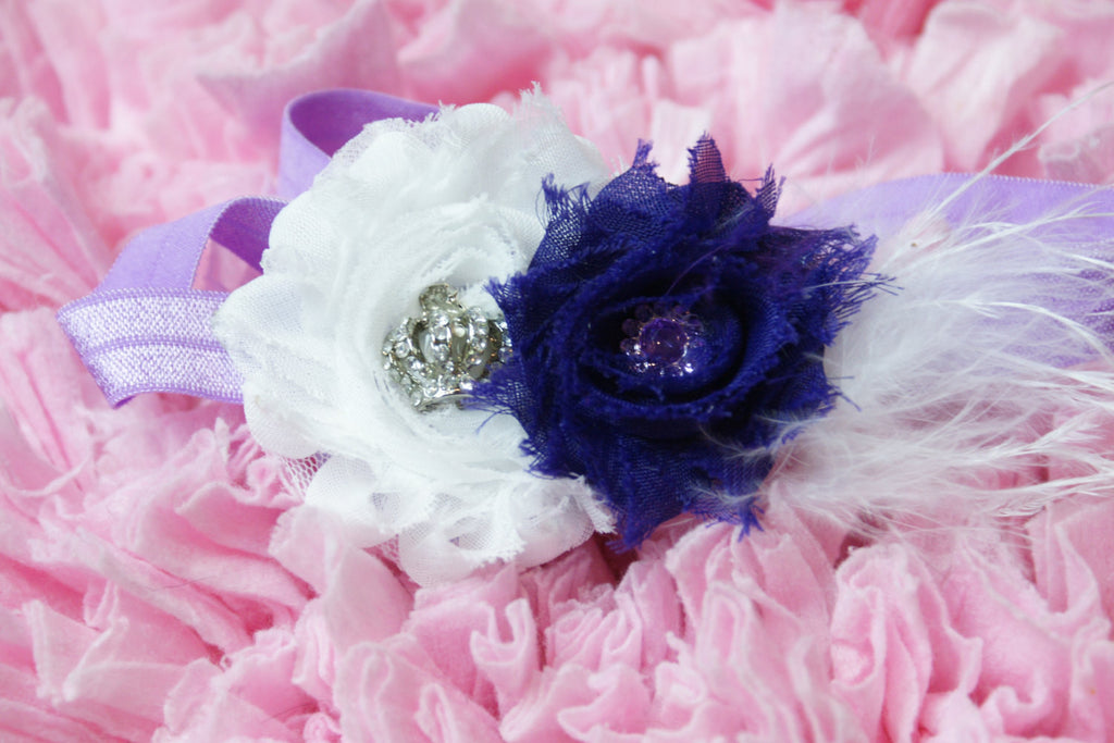 Shabby Rose Purple & White Headband with a crown rhinestone embellishment on a purple headband. - Pretty's Bowtique