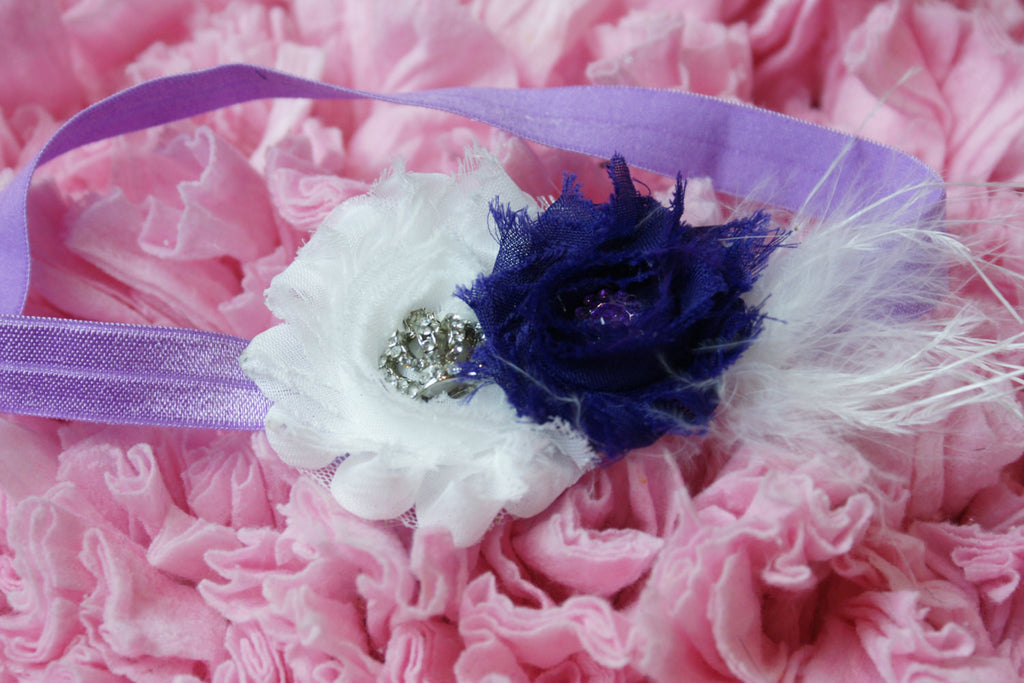 Shabby Rose Purple & White Headband with a crown rhinestone embellishment on a purple headband. - Pretty's Bowtique