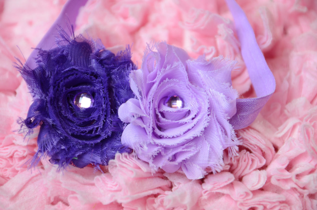 Shabby Rose Purple & Lilac Headband with rhinestone embellishment on a  light purple headband. - Pretty's Bowtique