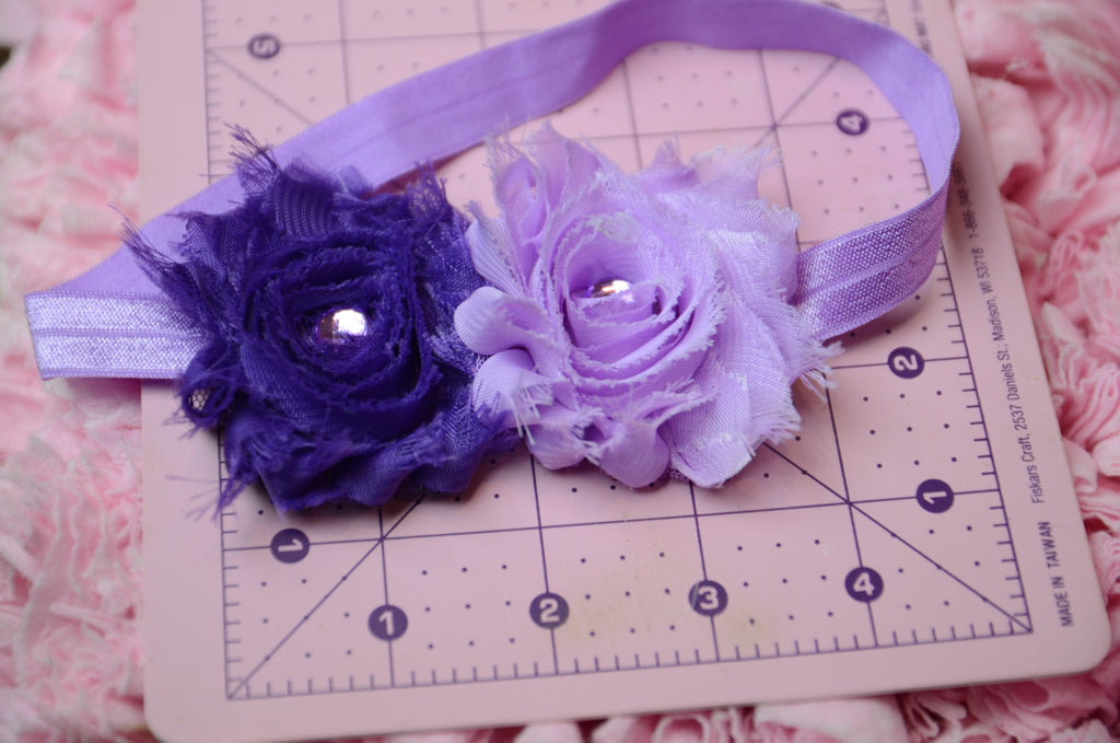 Shabby Rose Purple & Lilac Headband with rhinestone embellishment on a  light purple headband. - Pretty's Bowtique