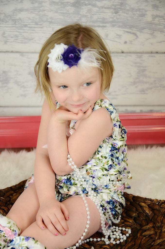 Shabby Rose Purple & White Headband with a crown rhinestone embellishment on a purple headband. - Pretty's Bowtique