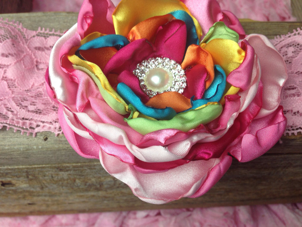 Satin petal flower with pearl center. Available in any color combo - Pretty's Bowtique