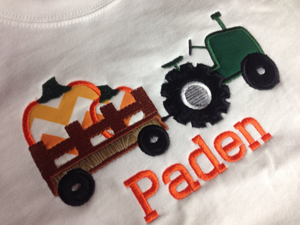 Fall tractor pumpkin boys shirt.  Thanksgiving shirt tractor and pumpkin wagon - Pretty's Bowtique