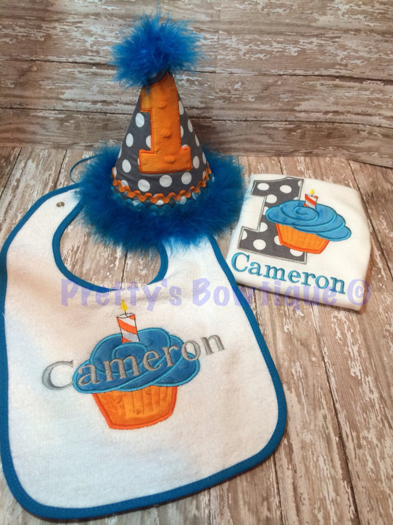 1st Birthday set. Hat, shirt or one piece , and bib. Can customize - Pretty's Bowtique