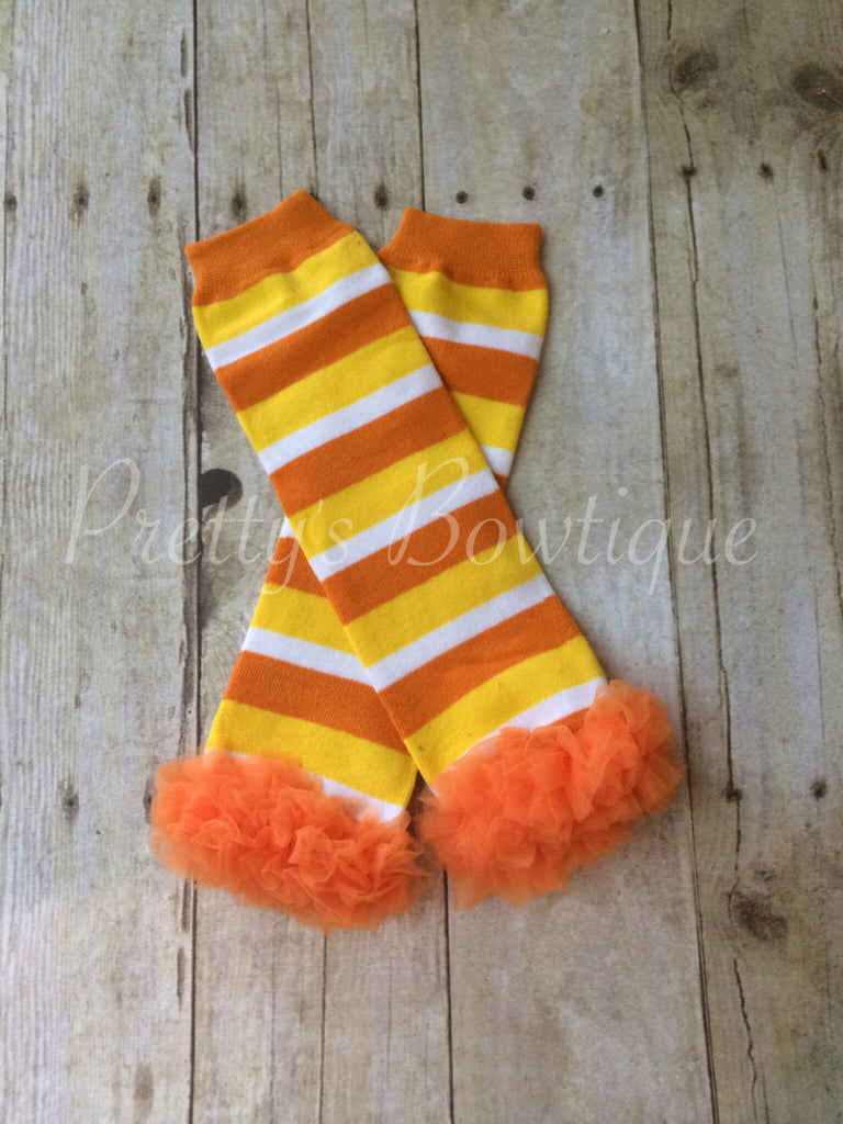 Leg Warmers-Baby leg warmers/Photo Prop and ruffles Stripe yellow/orange/white ORANGE RUFFLE - Pretty's Bowtique