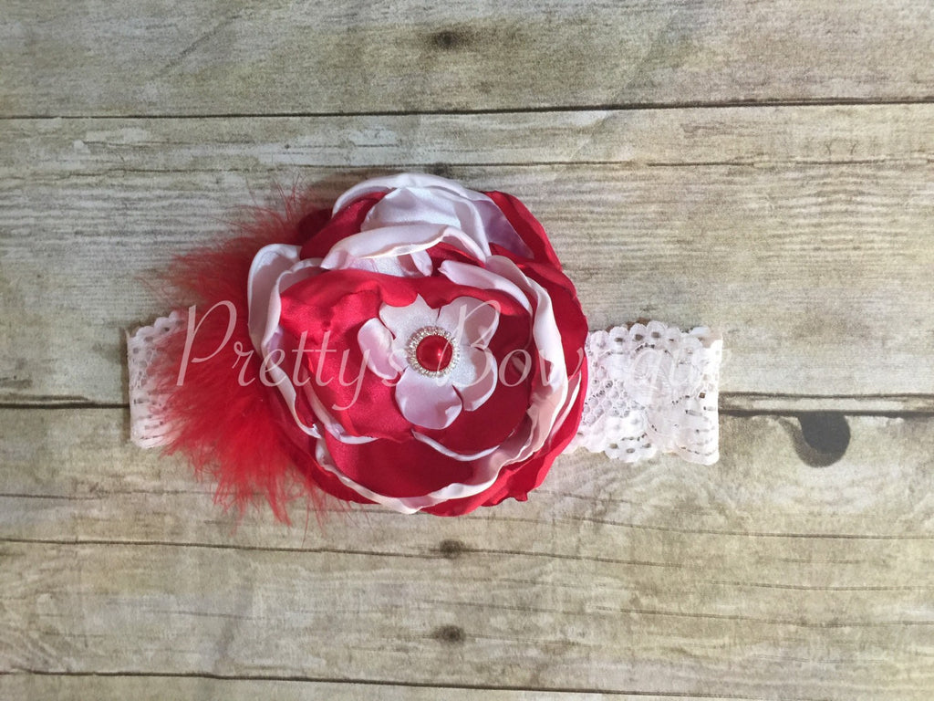 Girls Flower Red Flower headband-- Red and white Handmade petal flower headband or clip - Pretty's Bowtique