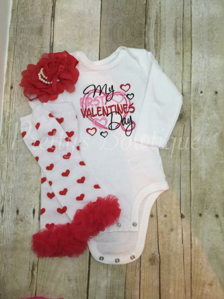 My 1st Valentines Day Shirt Legwarmers and headband. Valentine's Shirt, headband, and legwarmers outfit - Pretty's Bowtique