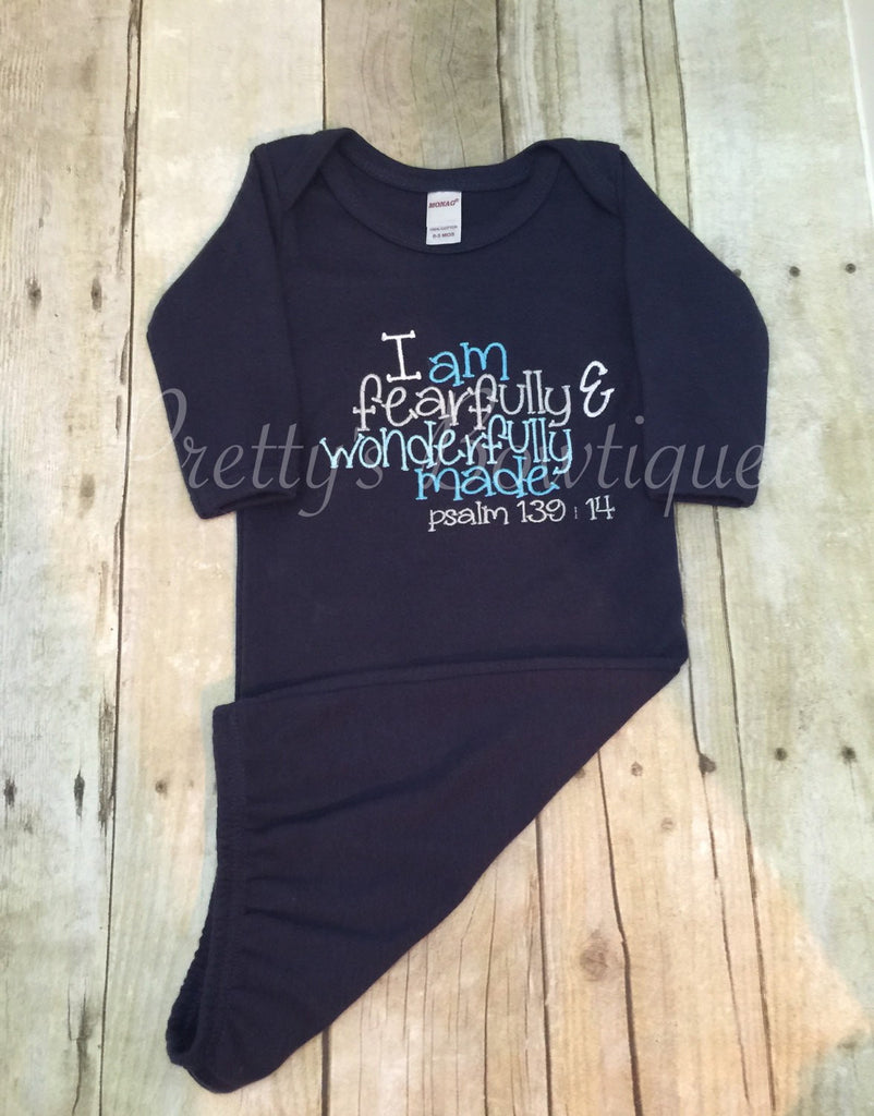 Newborn boy coming home outfit gown- I am fearfully & wonderfully made Navy Gown psalm 139:14.  Perfect coming home outfit - Pretty's Bowtique