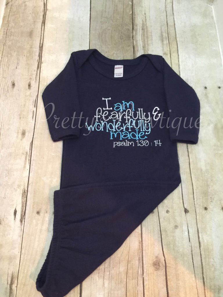 Newborn boy coming home outfit gown- I am fearfully & wonderfully made Navy Gown psalm 139:14.  Perfect coming home outfit - Pretty's Bowtique