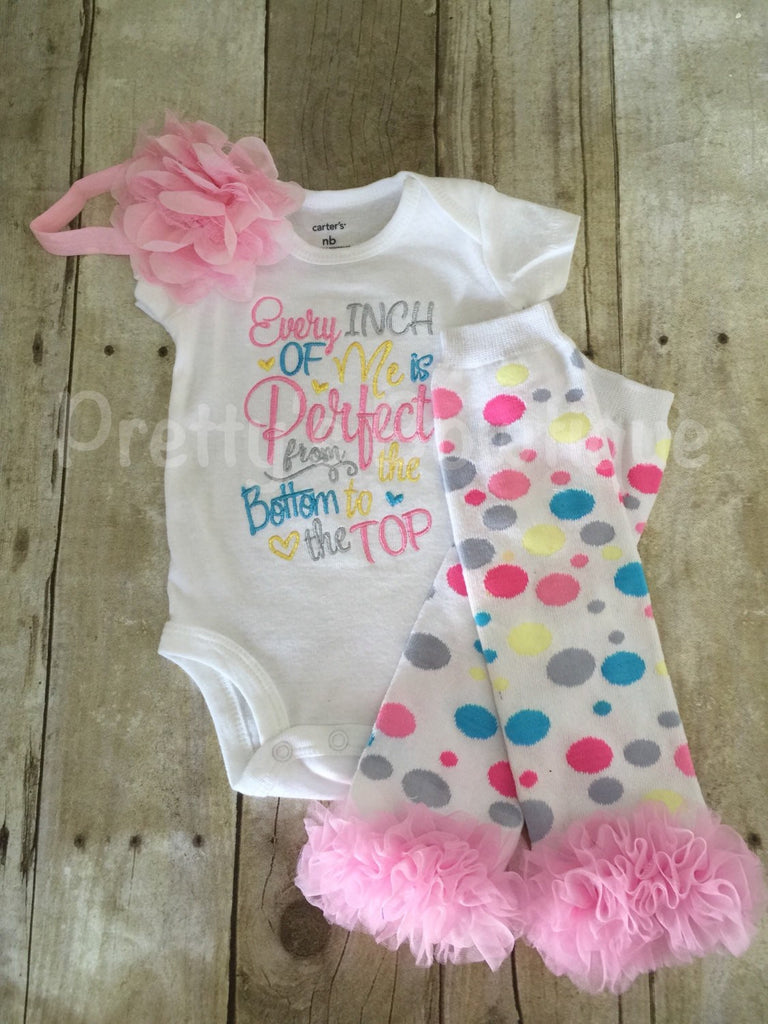 Every Inch of me is Perfect from the bottom to the top set Bodysuit or shirt, legwarmers, and pink headband Set can be customized - Pretty's Bowtique