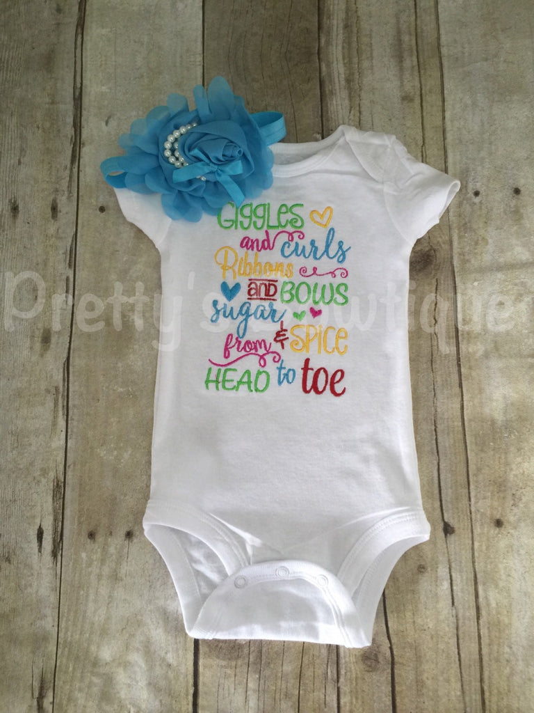 Giggles and curls Ribbons and bows sugar and spice from head to toe  Bodysuit or shirt and headband Set can be customized - Pretty's Bowtique