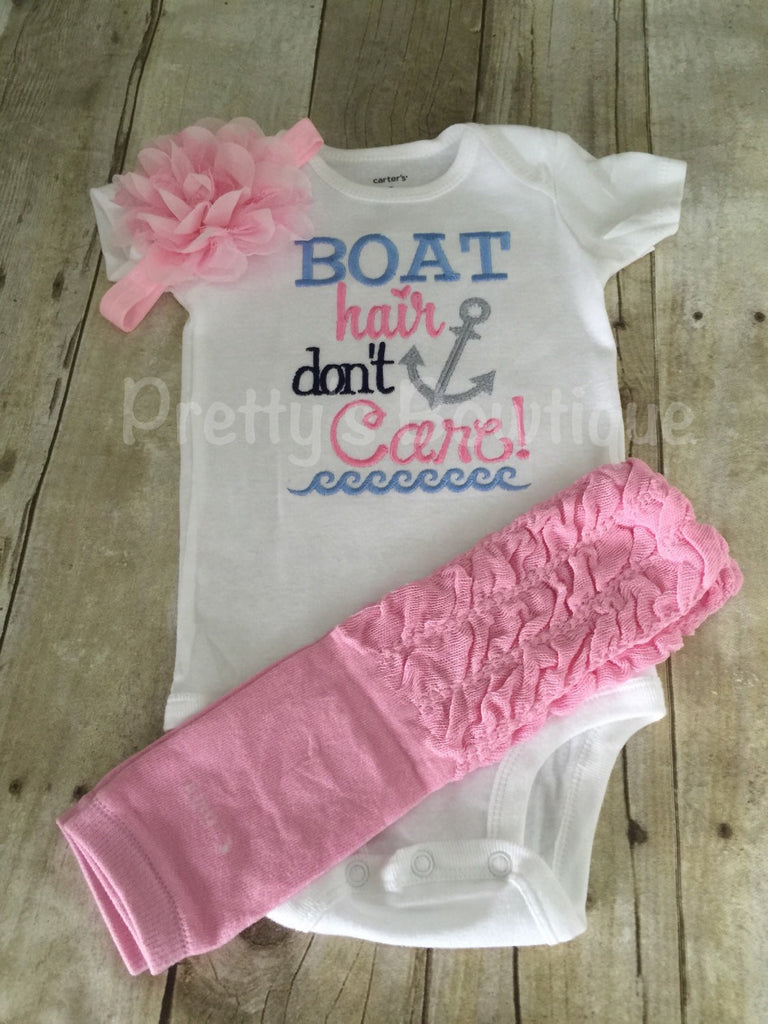 Boat hair don't care Summer Bodysuit or shirt and headband and legwarmers little girl - Pretty's Bowtique