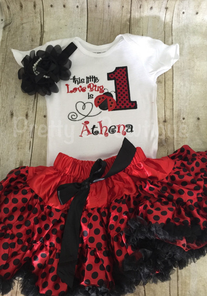 Lady bug birthday set body suit or shirt, Petti Skirt Tutu, and headband.  This little LOVE BUG is ONE ladybug birthday outfit - Pretty's Bowtique