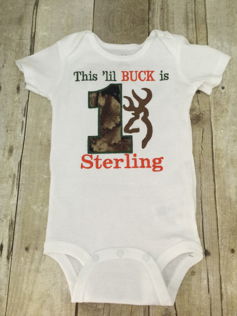 1st Birthday Camo Boy Bodysuit / T Shirt Customizable for Any Age, Personalized with Name -- This lil Buck is one - Pretty's Bowtique