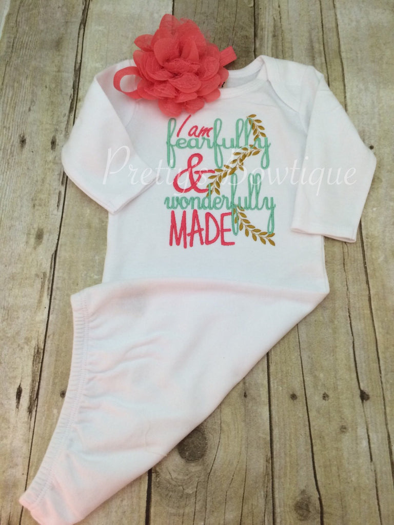 Newborn Baby Girl Gown Embroidered with I Am Fearfully & Wonderfully Made -- Includes Floral Headband-- baby girl coming home outfit - Pretty's Bowtique