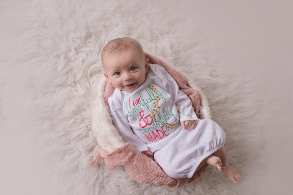 Newborn Baby Girl Gown Embroidered with I Am Fearfully & Wonderfully Made -- Includes Floral Headband-- baby girl coming home outfit - Pretty's Bowtique