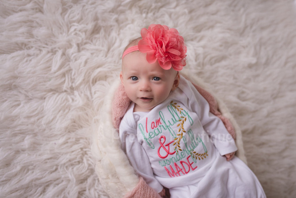 Newborn Baby Girl Gown Embroidered with I Am Fearfully & Wonderfully Made -- Includes Floral Headband-- baby girl coming home outfit - Pretty's Bowtique