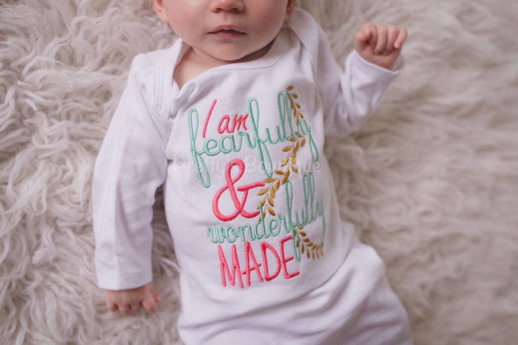 Newborn Baby Girl Gown Embroidered with I Am Fearfully & Wonderfully Made -- Includes Floral Headband-- baby girl coming home outfit - Pretty's Bowtique