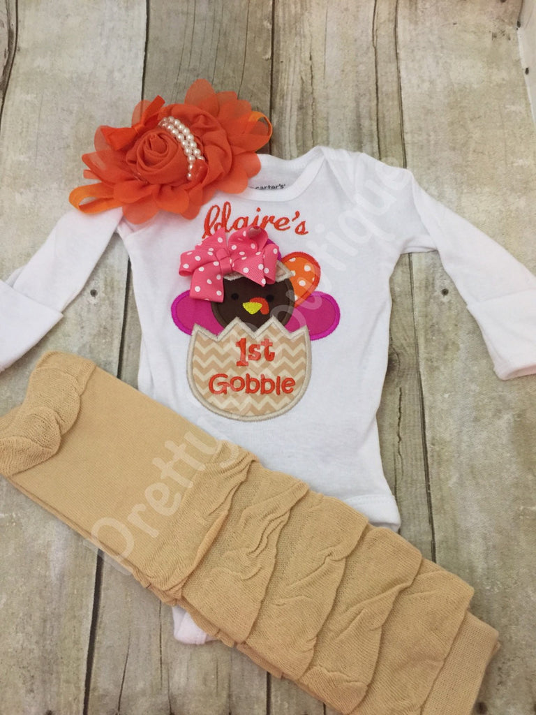 Girls My 1st thanksgiving bodysuit or shirt, legwarmers and headband -- Thanksgiving  My 1ST Gobble baby girls - Pretty's Bowtique