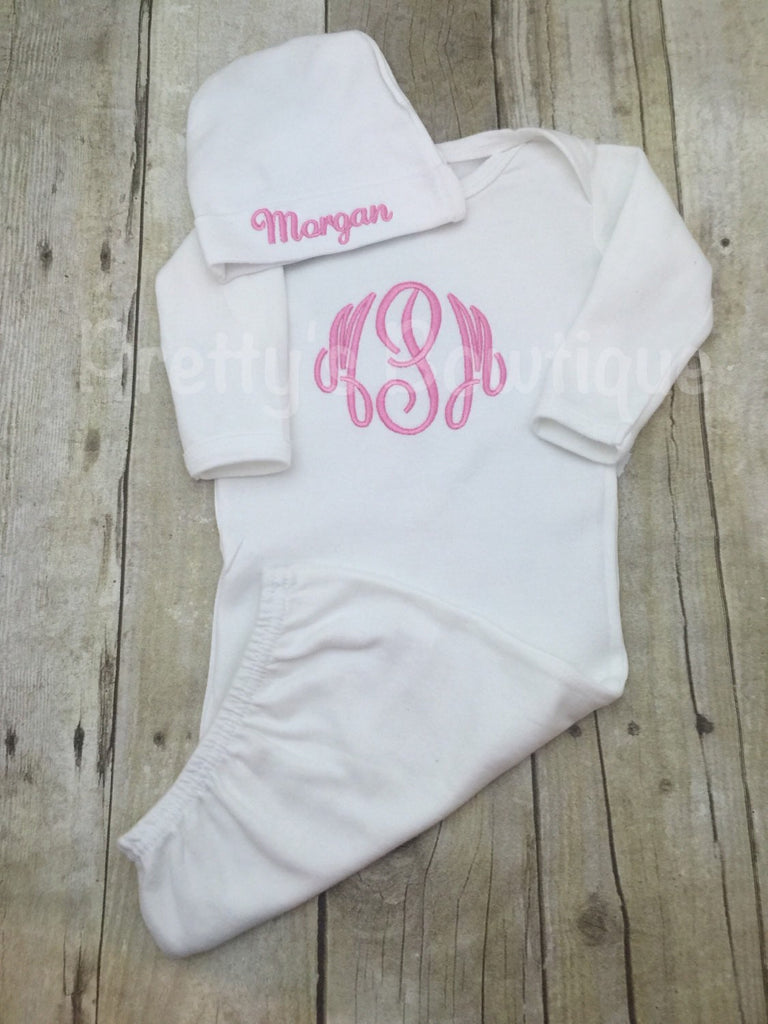 Baby Girl Coming home outfit girls Monogram gown and cap~Monogramed newborn gown - Pretty's Bowtique