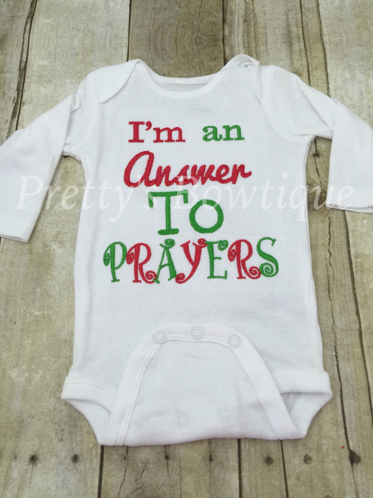 Christmas bodysuit or t shirt, legwarmers abd headband  I'm an answer to prayers -  baby bodysuit hospital or coming home outfit - Pretty's Bowtique