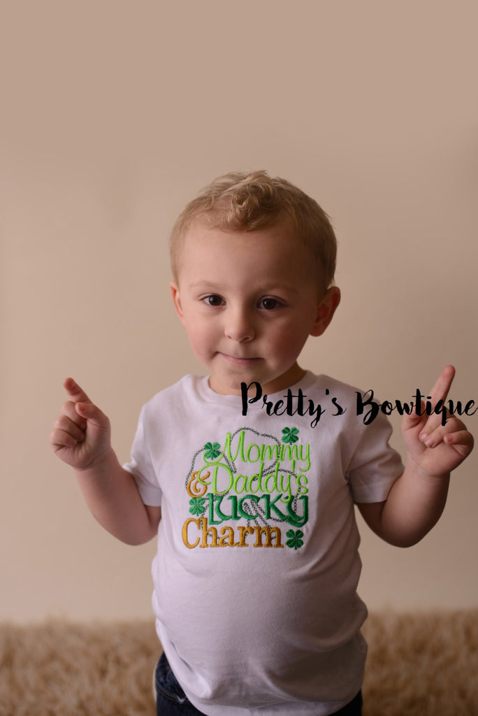 Boys St. Patrick's Day Shirt -- Mommy & Daddys Lucky Charm bodysuit or t shirt with legwarmers shown as arm warmers - St. Patricks Day shirt - Pretty's Bowtique