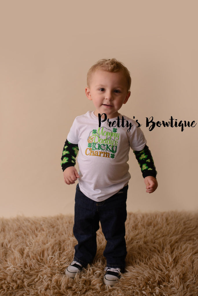 Boys St. Patrick's Day Shirt -- Mommy & Daddys Lucky Charm bodysuit or t shirt with legwarmers shown as arm warmers - St. Patricks Day shirt - Pretty's Bowtique