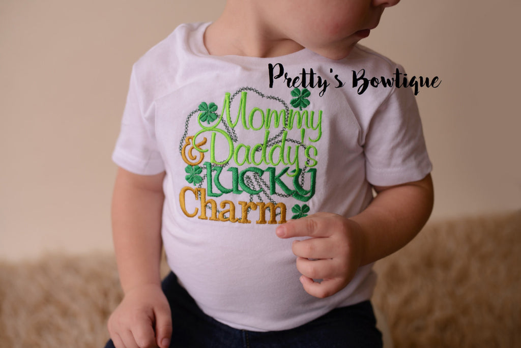 Boys St. Patrick's Day Shirt -- Mommy & Daddys Lucky Charm bodysuit or t shirt with legwarmers shown as arm warmers - St. Patricks Day shirt - Pretty's Bowtique