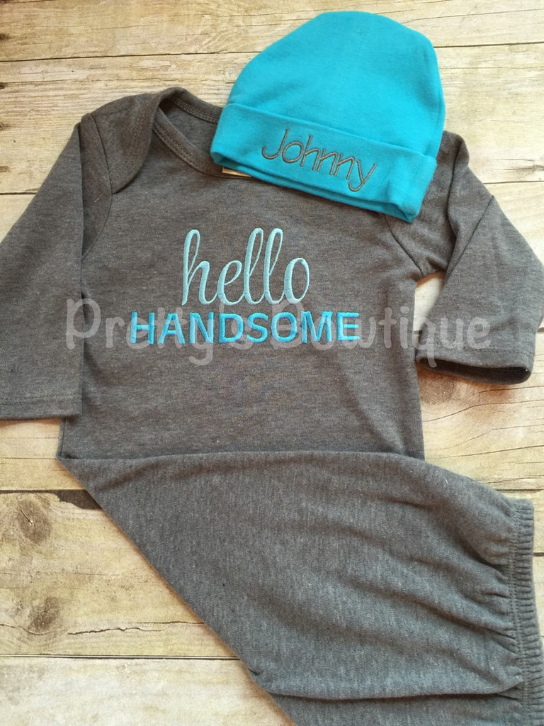 Newborn boy coming home outfit -- Hello Handsome baby boy gown -- Personalized Beanie and gown -- Baby boy coming home outfit - Pretty's Bowtique