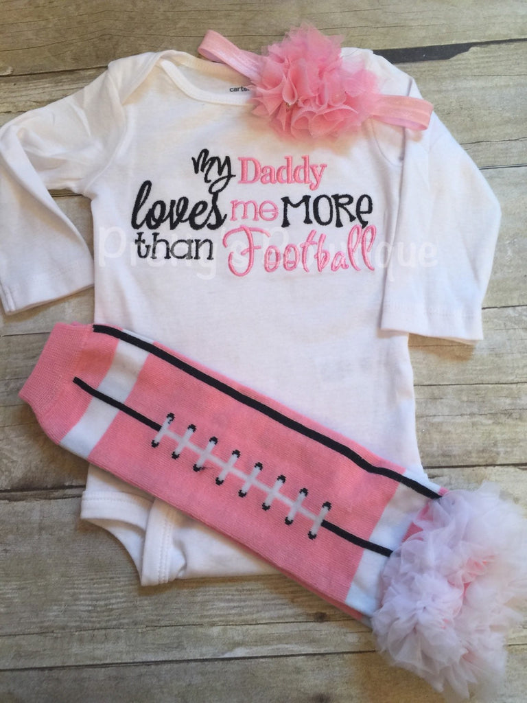 Girls Daddy loves me more than football bodysuit, legwarmers and headband -- Football outfit, football legwarmer, clothing gift - Pretty's Bowtique