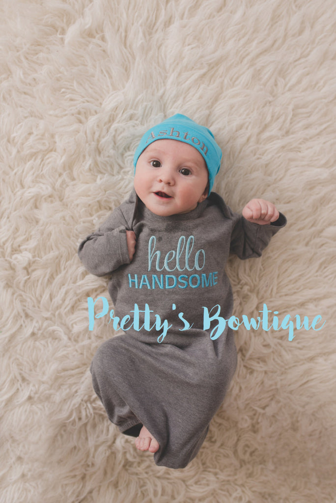 Newborn boy coming home outfit -- Hello Handsome baby boy gown -- Personalized Beanie and gown -- Baby boy coming home outfit - Pretty's Bowtique