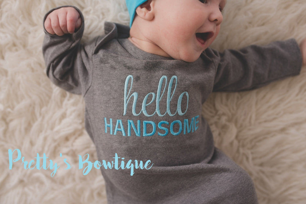 Newborn boy coming home outfit -- Hello Handsome baby boy gown -- Personalized Beanie and gown -- Baby boy coming home outfit - Pretty's Bowtique