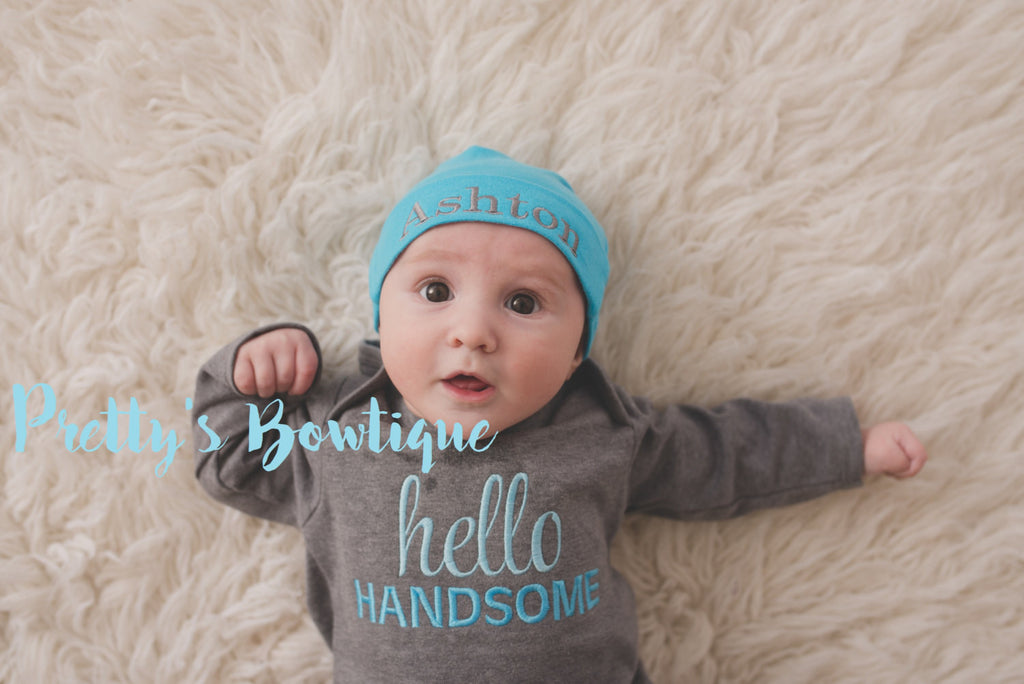 Newborn boy coming home outfit -- Hello Handsome baby boy gown -- Personalized Beanie and gown -- Baby boy coming home outfit - Pretty's Bowtique