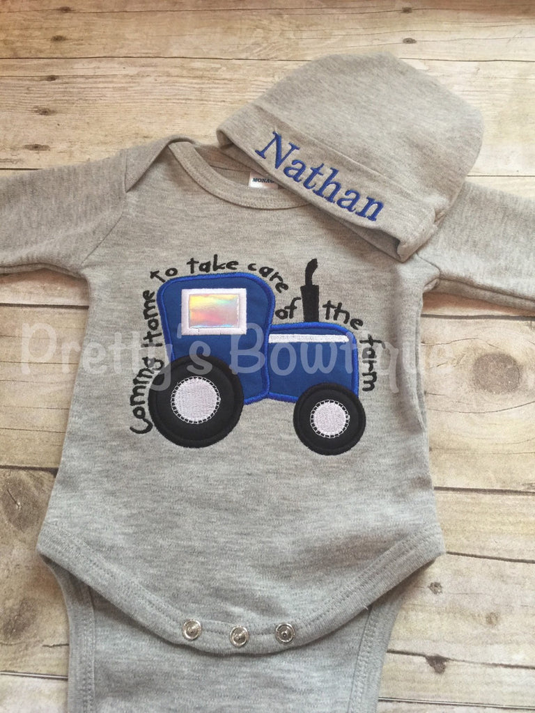 Baby Boy Coming Home Outfit -- Coming home to take care of the farm bodysuit with Hat with Embroidered name - Pretty's Bowtique