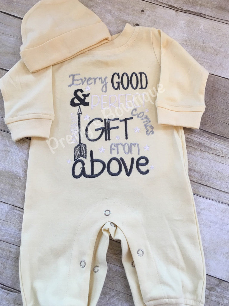 Newborn coming home outfit Every good and perfect gift comes from above James 1:27 romper and hat -- gender neutral - Pretty's Bowtique