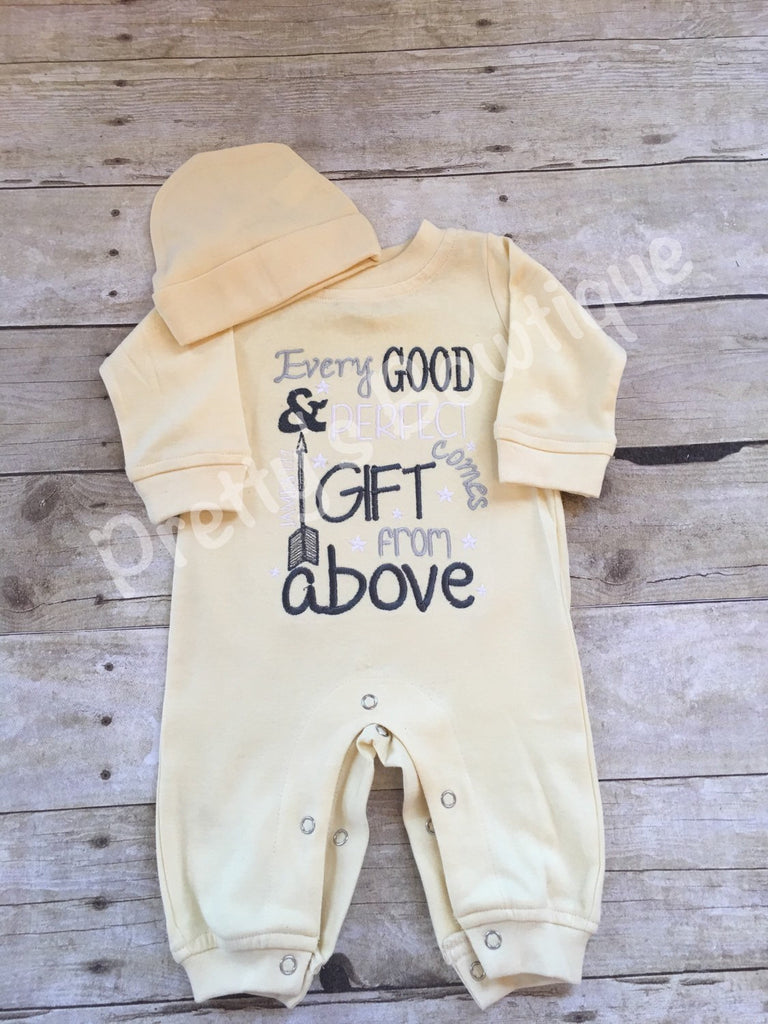 Newborn coming home outfit Every good and perfect gift comes from above James 1:27 romper and hat -- gender neutral - Pretty's Bowtique