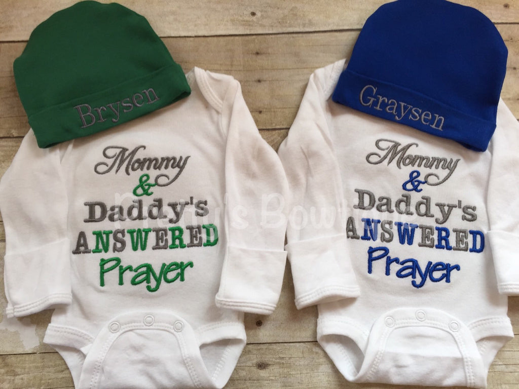 Newborn twins coming home outfits -- Mommy & Daddy's Answered Prayer bodysuit coming home shirtand personalized hat outfit boy or girl - Pretty's Bowtique