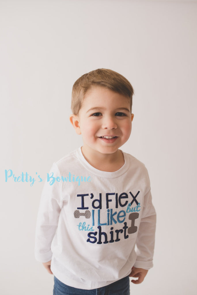 Boys I'd flex but I like this shirt -- Boys T-shirt -- Boys bodysuit builder shirt -- Little boys funny t shirt - Pretty's Bowtique