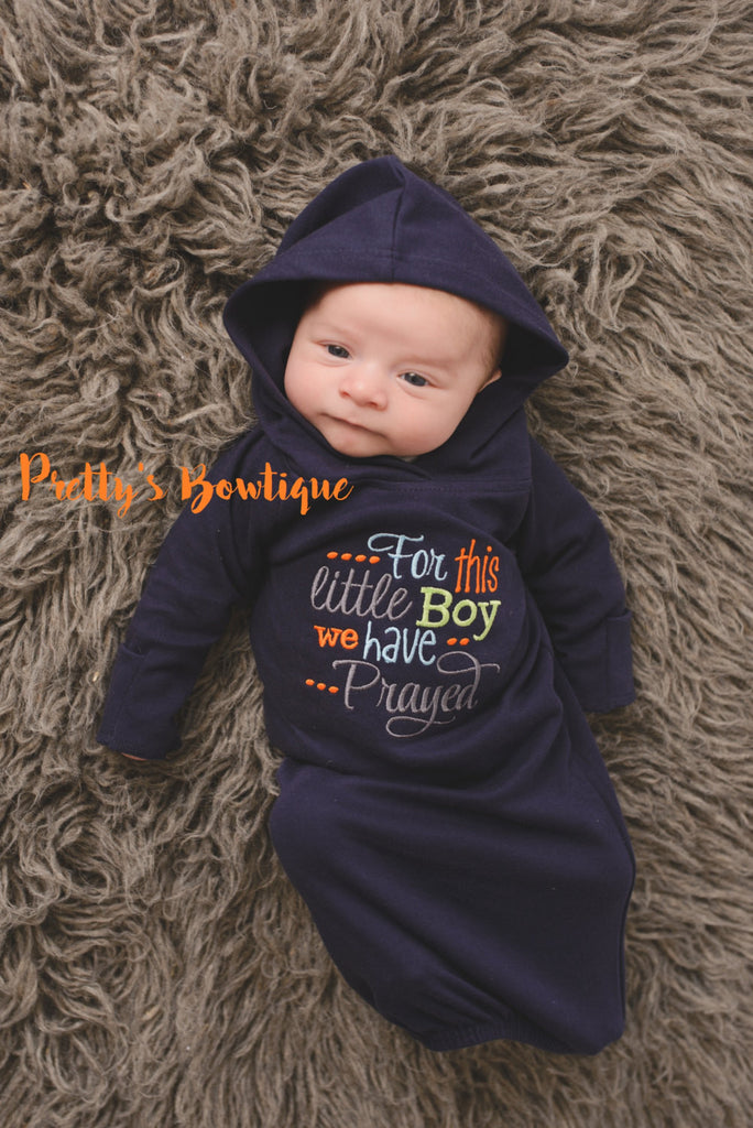 Newborn boy coming home outfit --For this Little boy we have Prayed gown with hoodie hat - Pretty's Bowtique