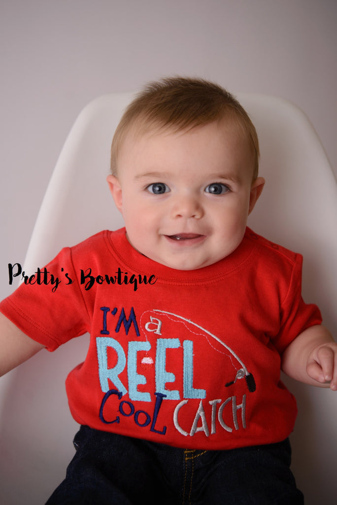 I'm a reel cool catch bodysuit or shirt boy -- Embroidered fishing shirt -- Boys Fishing shirt -- Boys summer shirt--kids fishing shirt - Pretty's Bowtique